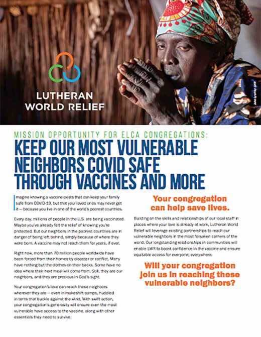 MISSION OPPORTUNITY FOR ELCA CONGREGATIONS: KEEP OUR MOST VULNERABLE NEIGHBORS COVID SAFE THROUGH VACCINES AND MORE